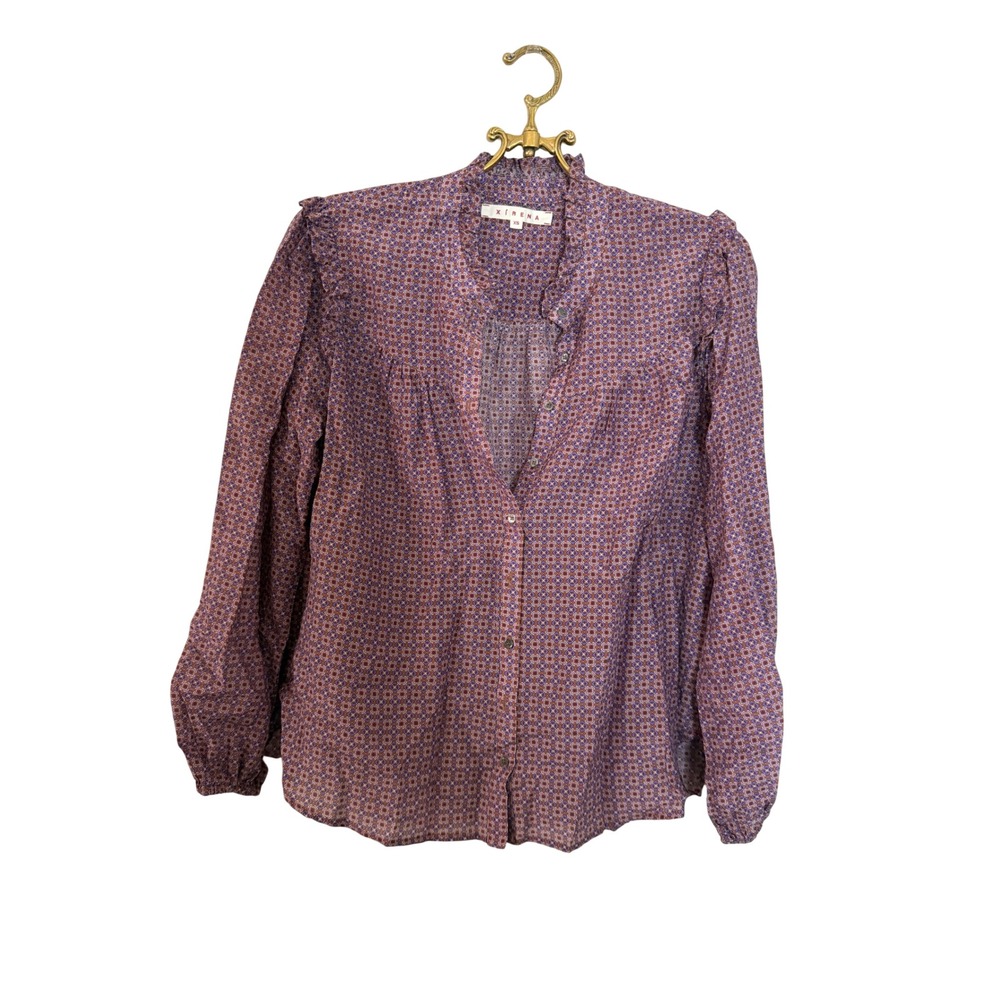 Xirena Purple Cotton Silk Ruffle Neck Geometric Print Button Down Blouse XS